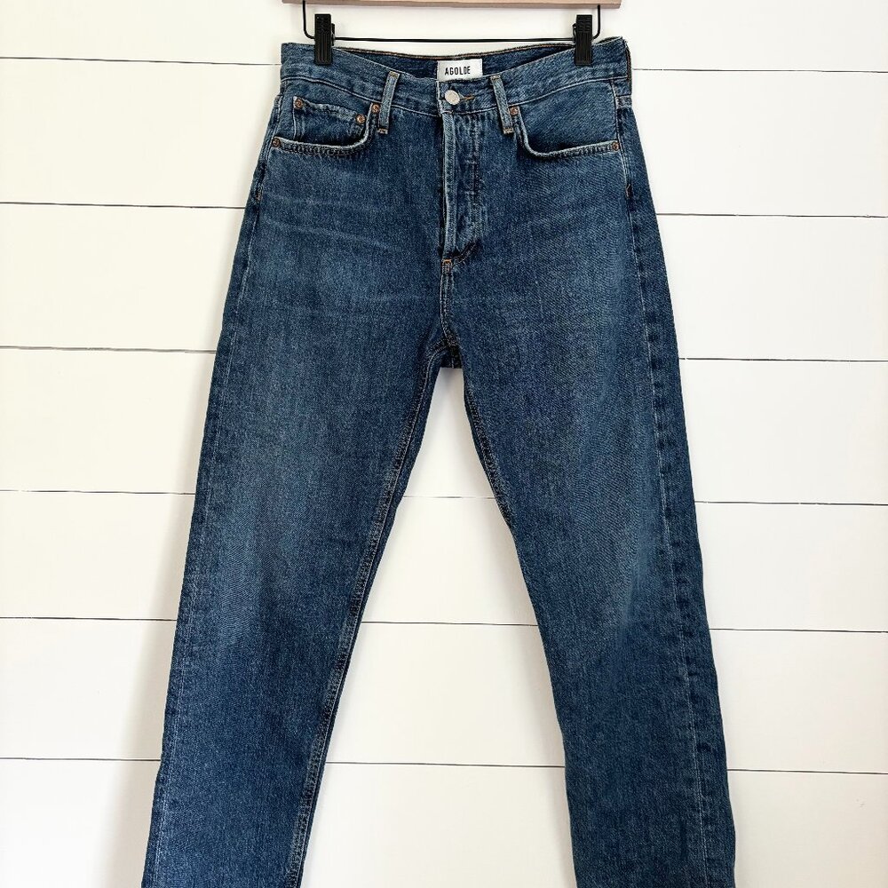 Agolde straight leg high rise dark wash jeans